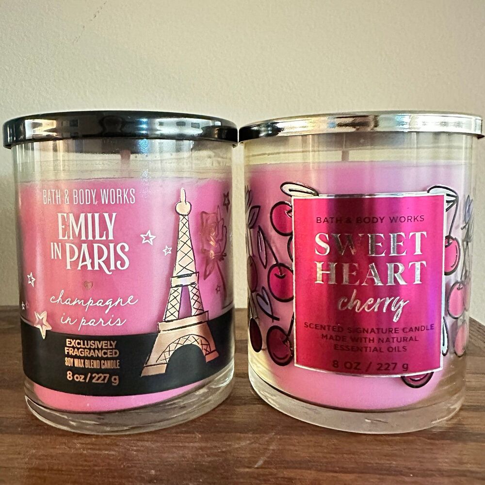 BBW Set/2 Single Wick Candles- Emily in Paris CHAMPAGNE & Sweet Heart Cherry